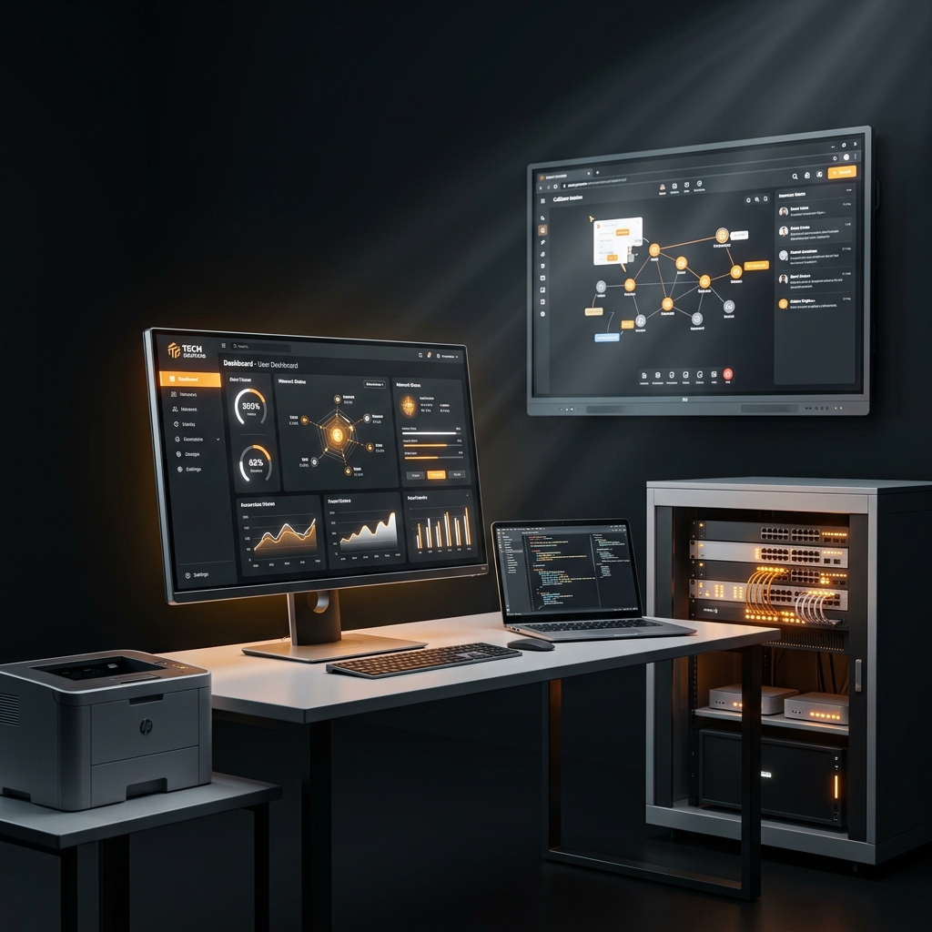 Modern IT workspace showing computers, printers, networking equipment and interactive flat panels